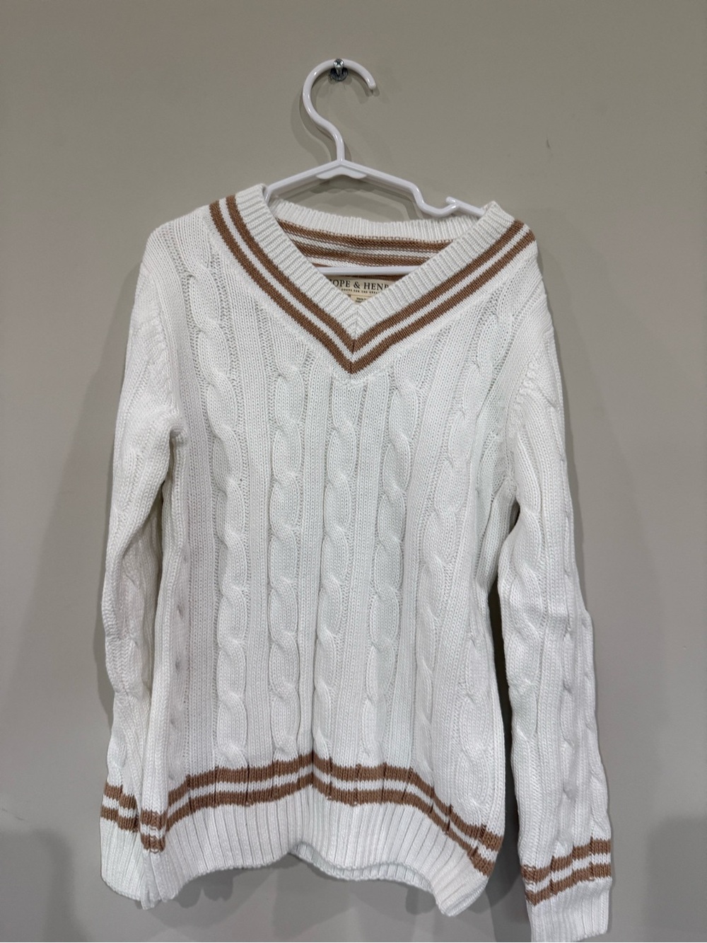 Kids White Cable-Knit V-Neck Sweater with Tan Stripe